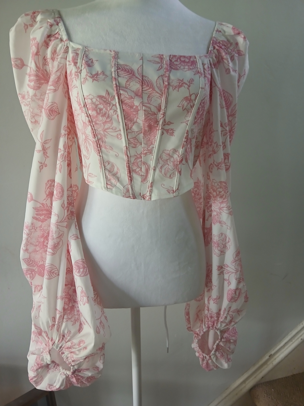 Cider Cream and Pink Floral Corset Blouse with Sheer Bishop Sleeves